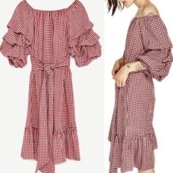 Zara Gingham Viscose Dress with Ruffled Sleeves Red and White Sz XS - Picture 2 of 8